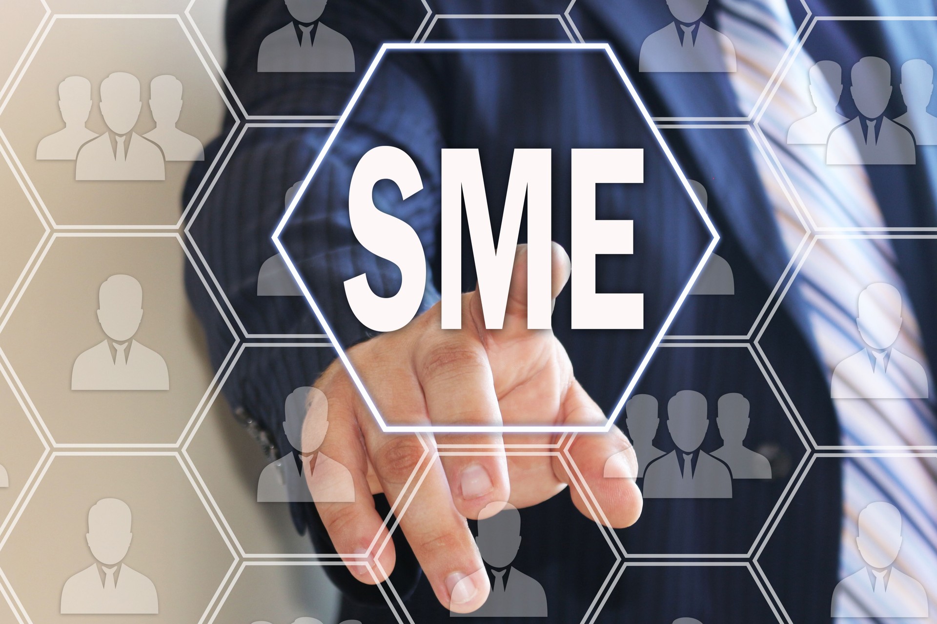 Businessman chooses  SME, Small and Medium Enterprise on the touch screen network connections.